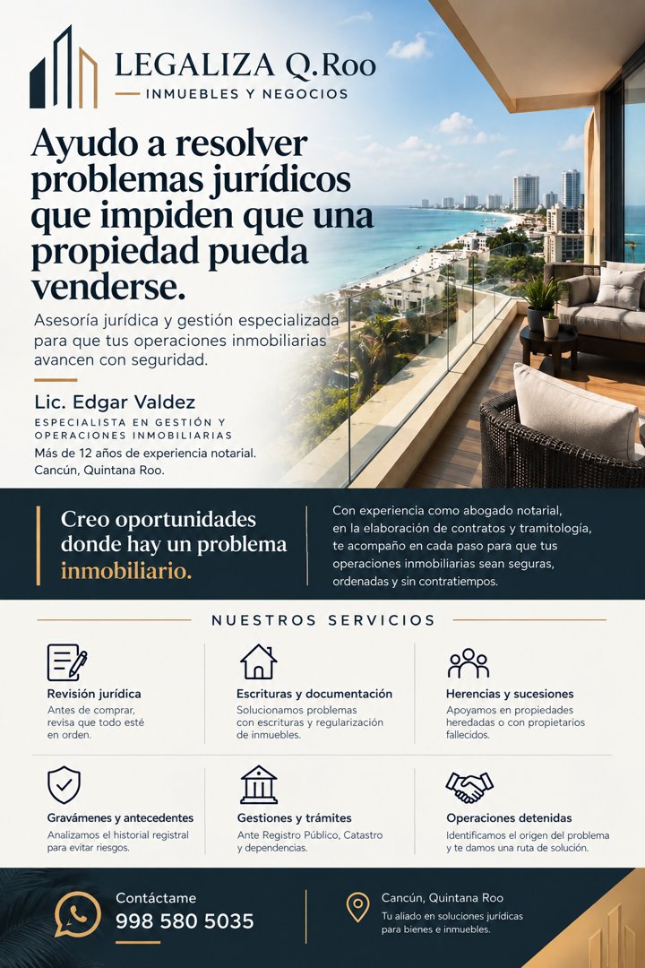 Anuncio de Legaliza Q.ROO Inmuebles y Negocios: Asesoría jurídica y gestión especializada para inmuebles