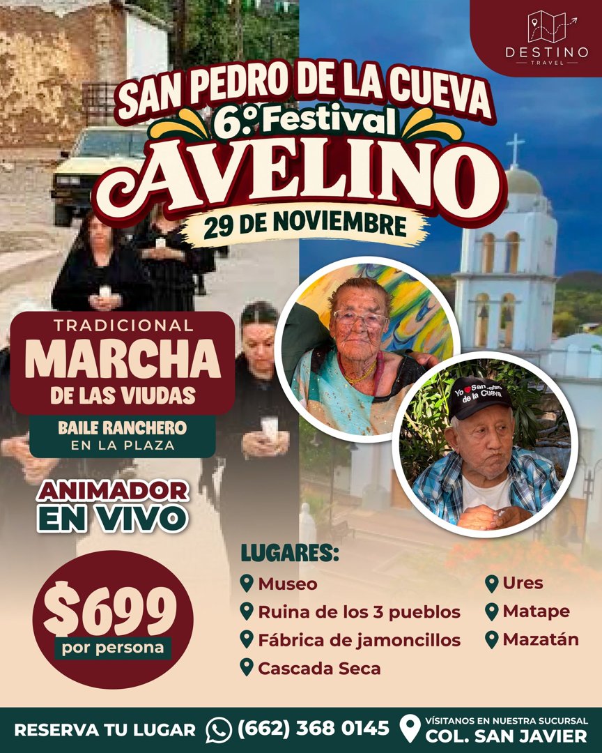 Anuncio de Destino Travel: Viaje a San Pedro de la Cueva para el 6° Festival Avelino