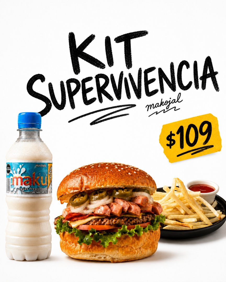 Anuncio de Makojal Burgers & Wings: kit de supervivencia