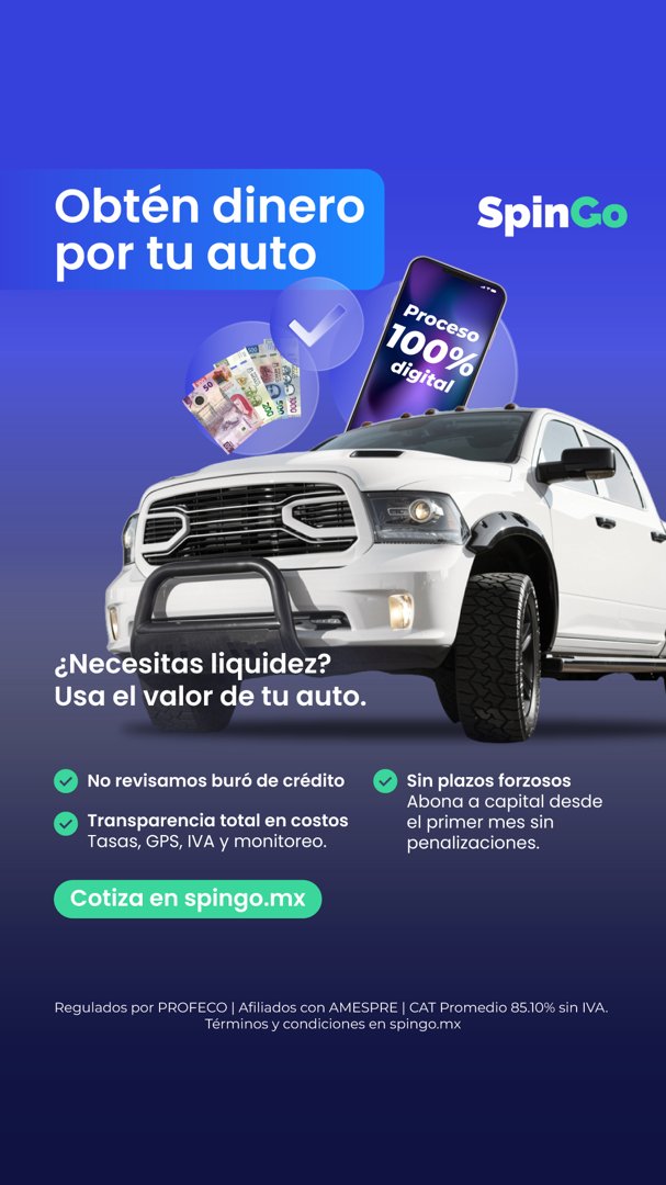 Anuncio de SpinGo: Préstamo usando el valor del auto