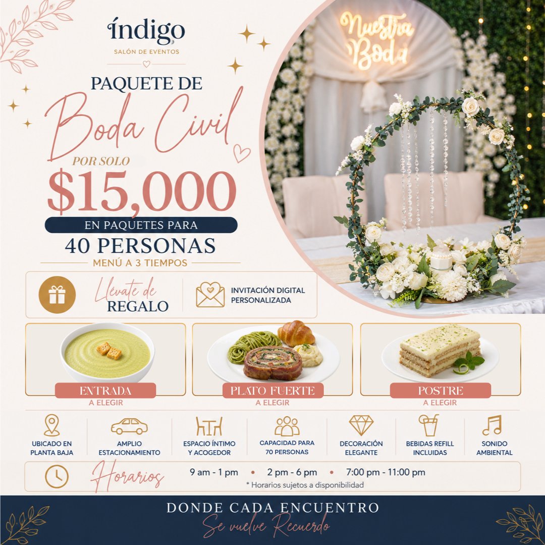 Anuncio de Índigo Salón de Eventos: Paquete de boda civil