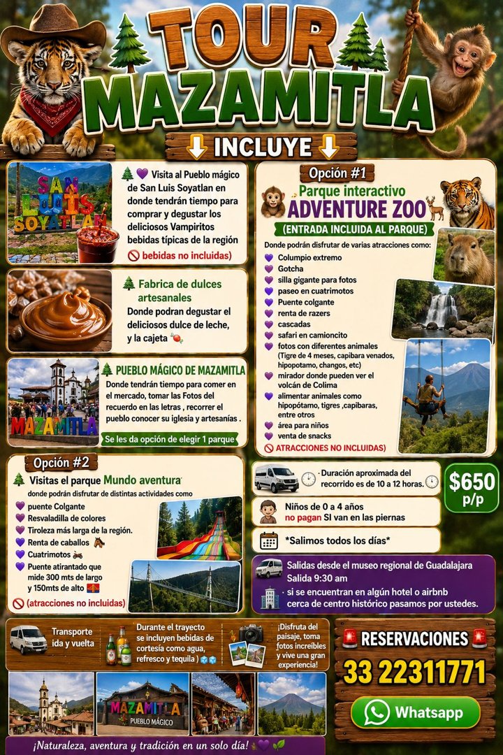 Anuncio de Descubre Jalisco Tours: Tour a Mazamitla con visita al Pueblo Mágico y elección de parque