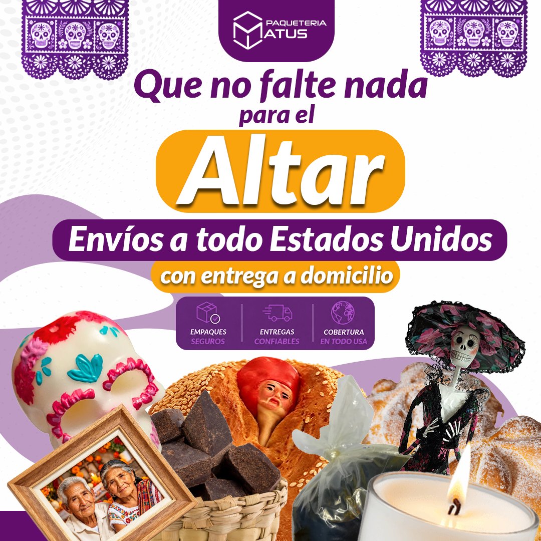 Anuncio de Paquetería Matus: Envíos de productos de Día de Muertos a Estados Unidos
