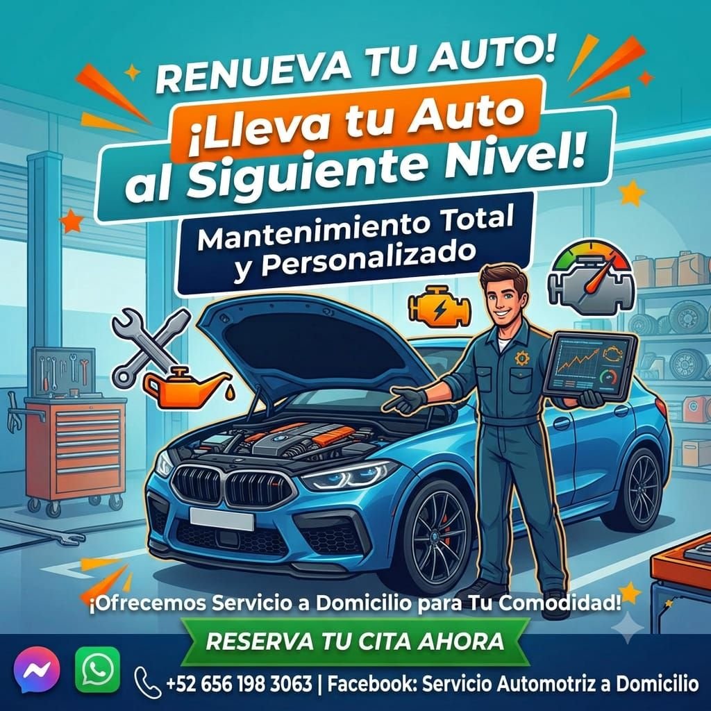 Anuncio de autoservicios automotriz a domicilio: Mantenimiento automotriz a domicilio