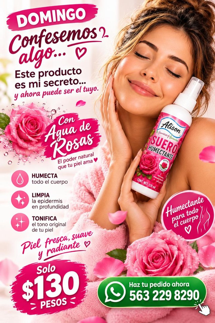 Anuncio de COSMETICOS Y TRATAMIENTOS NATURALES ALISON, S.A. DE C.V.: Suero humectante con agua de rosas