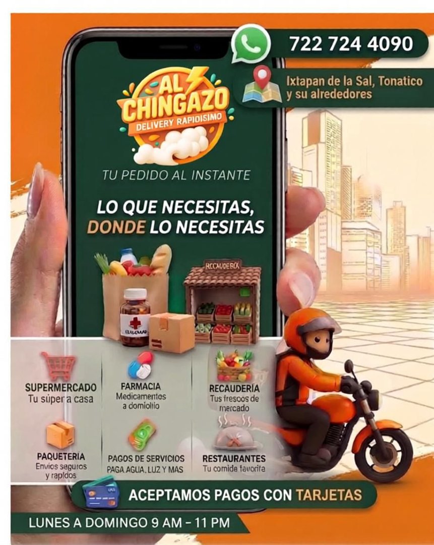 Anuncio de Delivery "Al Chingazo": Delivery de supermercado, farmacia, recaudadora, paqueteria, pagos de servicios y restaurantes