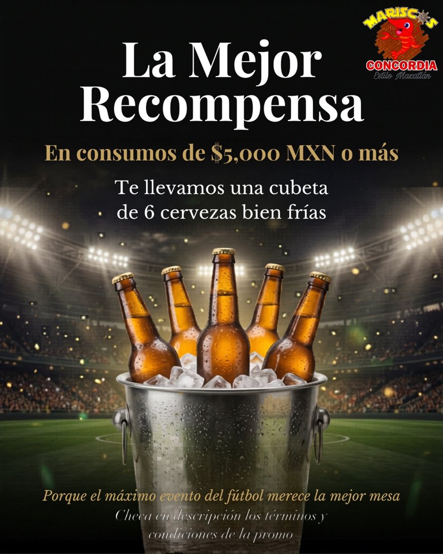 Anuncio de Mariscos Concordia: cubeta de 6 cervezas